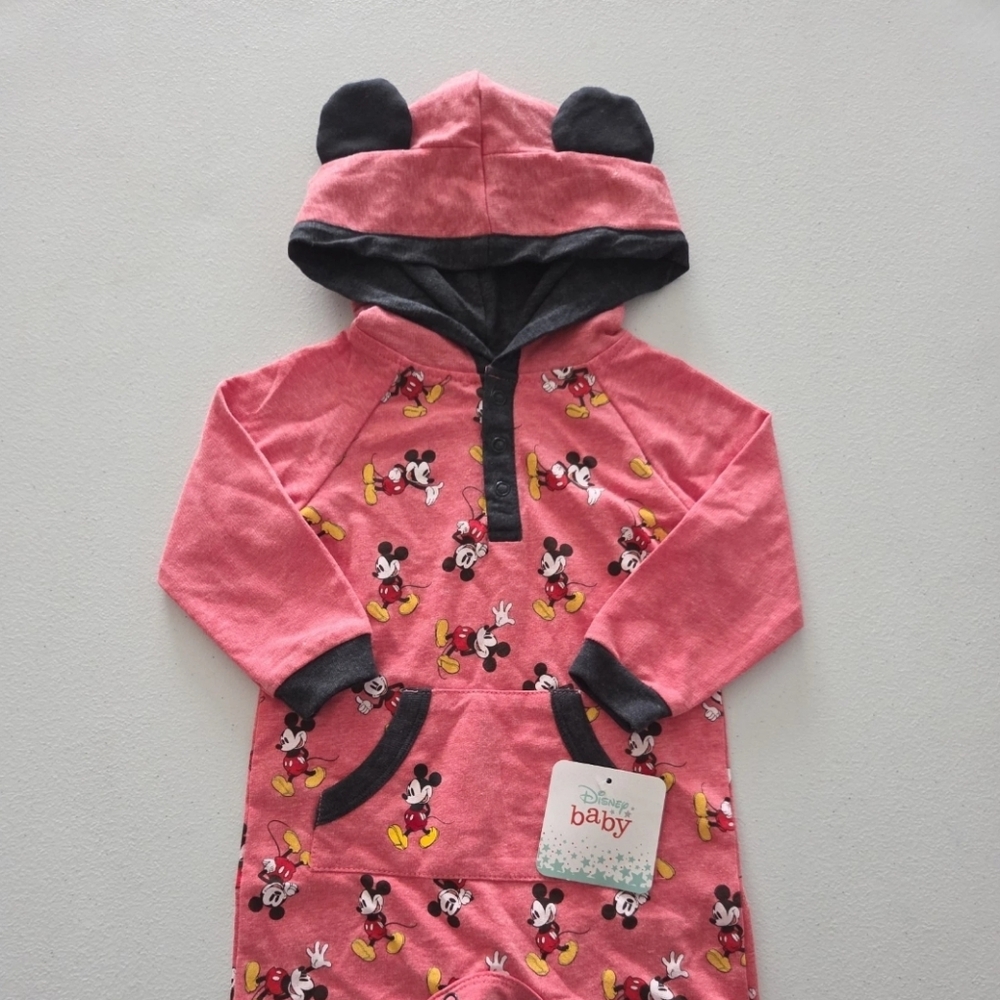 Baby Boy Mickey Mouse Hooded Romper Bodysuit Disney Baby Size 6/9 Months